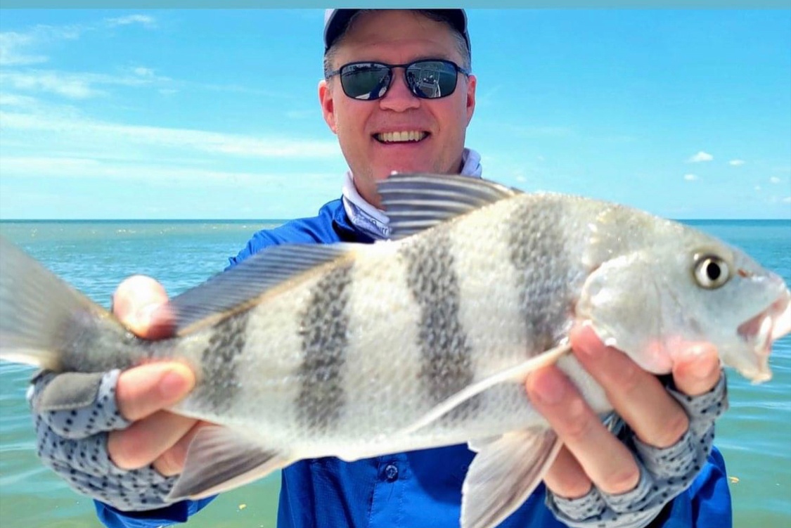 Person holding a striped fish at the beach with a clear sky.