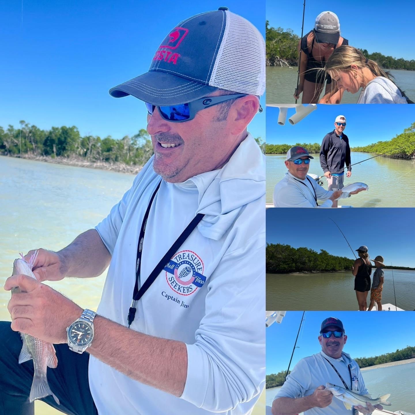 Collage of people fishing near a river, holding fish and smiling, with surrounding greenery.