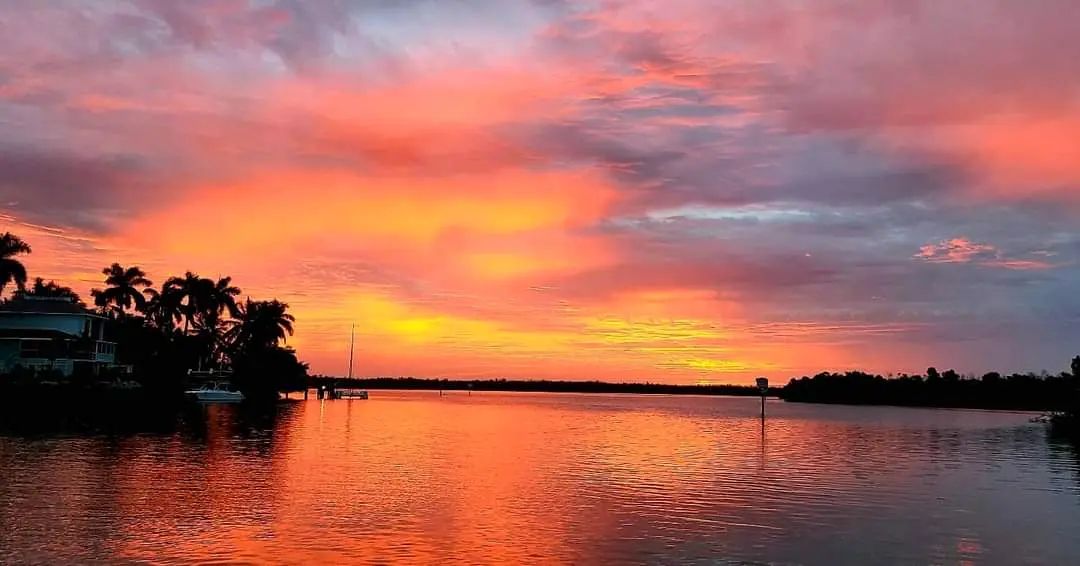 Vibrant orange and pink sunset over a calm lake with silhouetted trees.