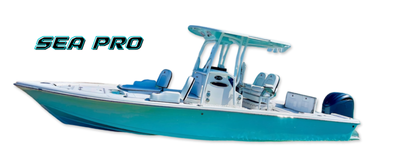 Blue and white Sea Pro boat with T-top and outboard motor on white background.