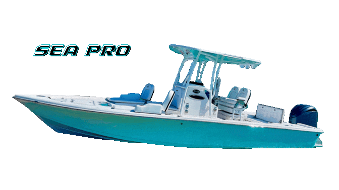 A blue and white Sea Pro motorboat on a white background.