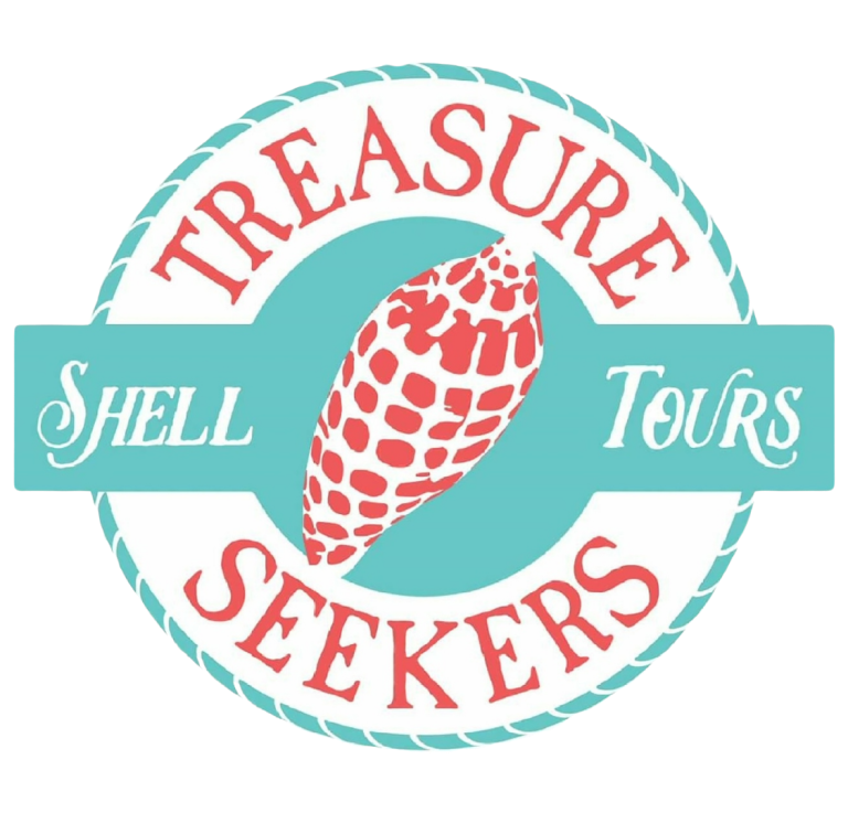 Logo with red shell, 'Treasure Seekers Shell Tours' text in turquoise and red.