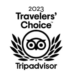 2023 Travelers' Choice Tripadvisor logo with owl emblem and laurel wreath.