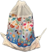 Colorful drawstring bag with floral and leaf patterns on white background.