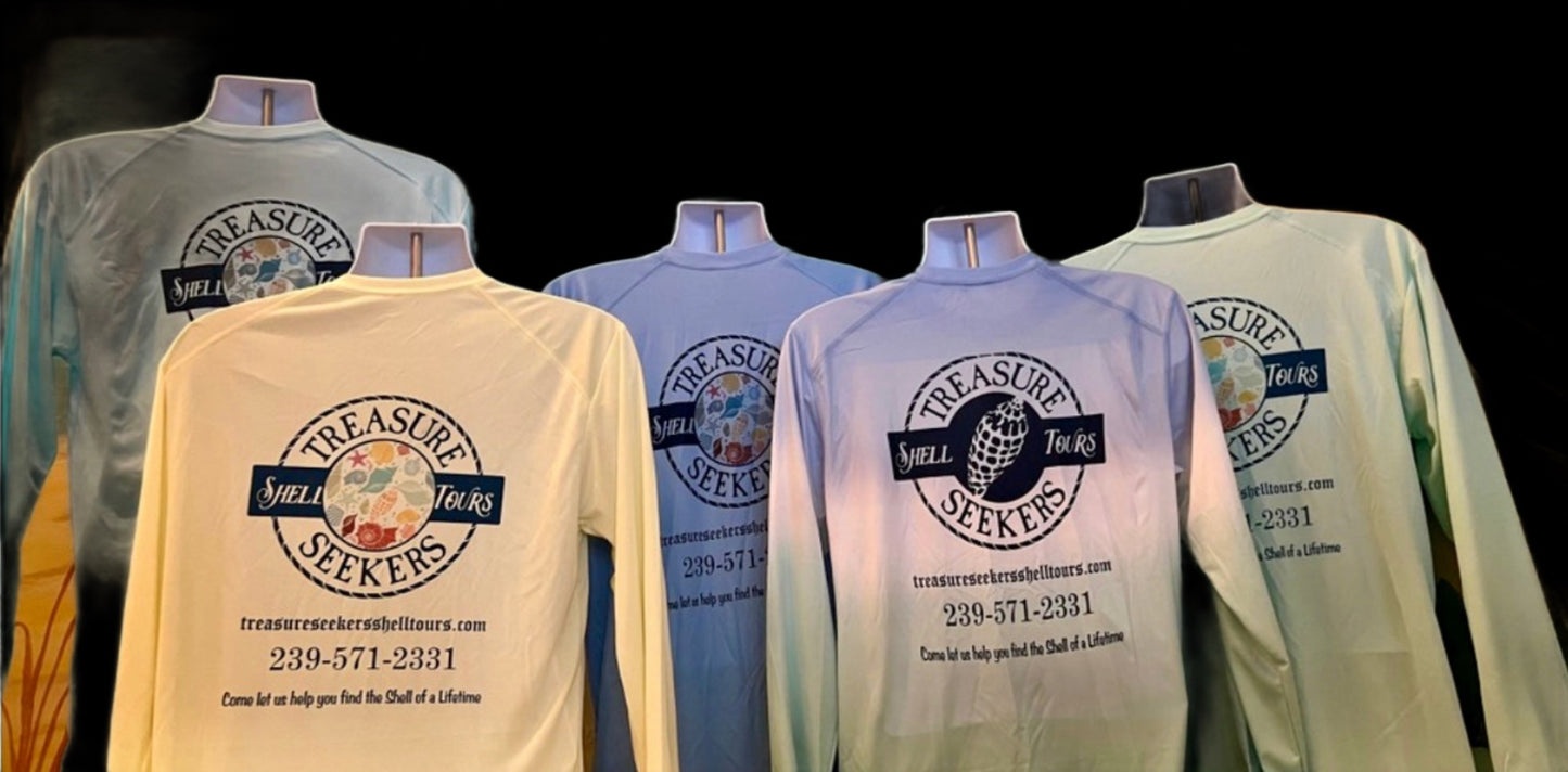 Five long-sleeve shirts on display with the logo 'Treasure Seekers' and contact information.
