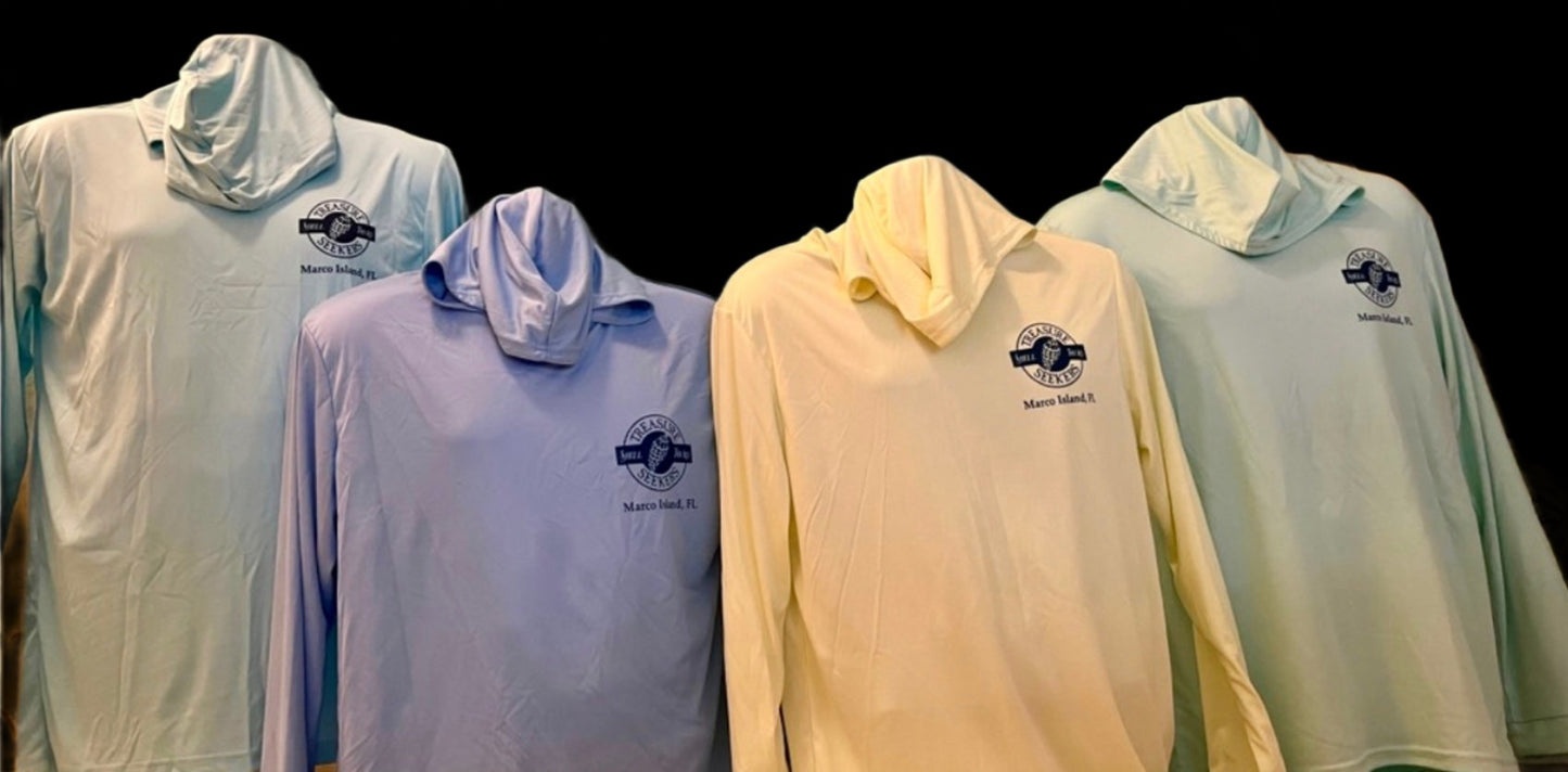 Four colorful hooded shirts with logos on display.