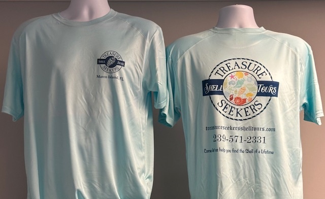 Light blue T-shirts with Treasure Seekers logos and contact info on the front and back.