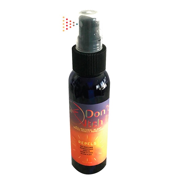 Spray bottle labeled 'Don't Itch It' with red and yellow design.