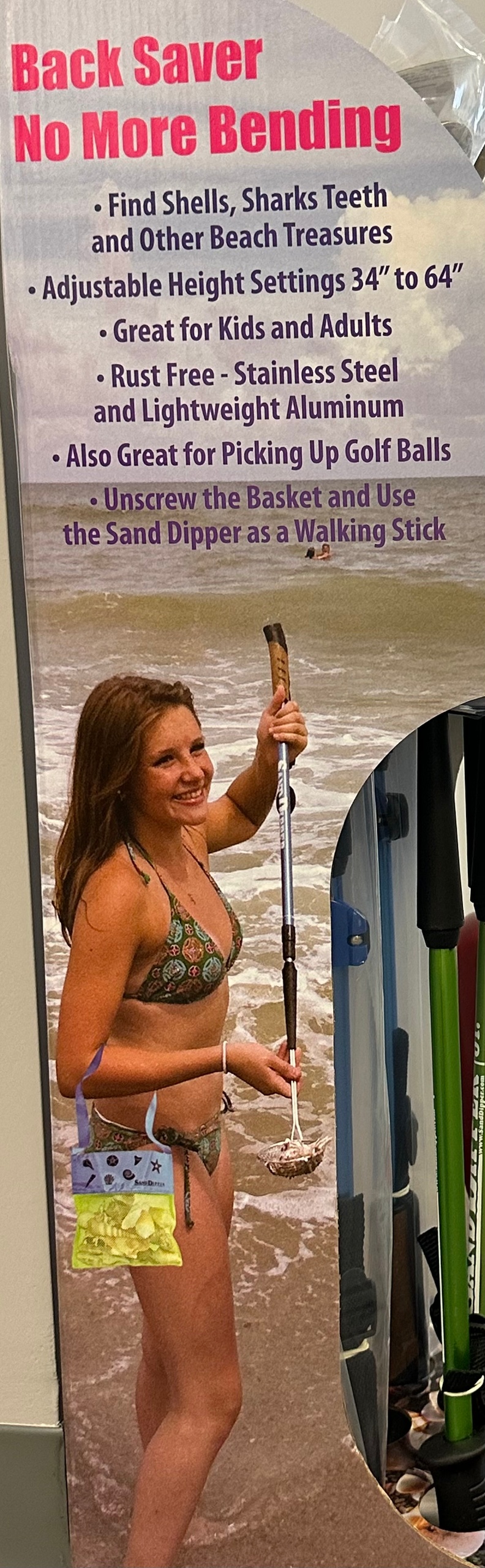 Woman in bikini holding a tool on a beach with product details listed.