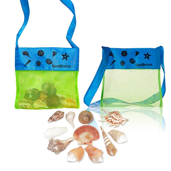Two mesh beach bags with seashells on a white background.