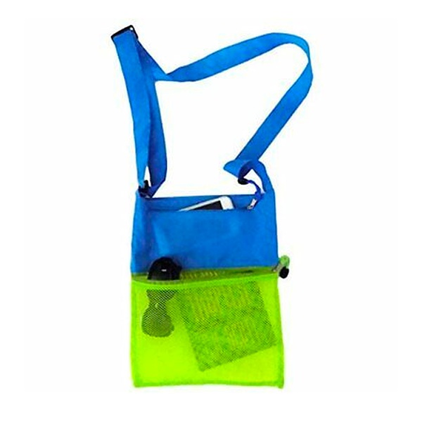 Blue and lime green messenger bag with front pocket and shoulder strap.