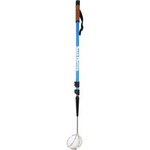 Blue ball retriever with adjustable handle and metal basket.