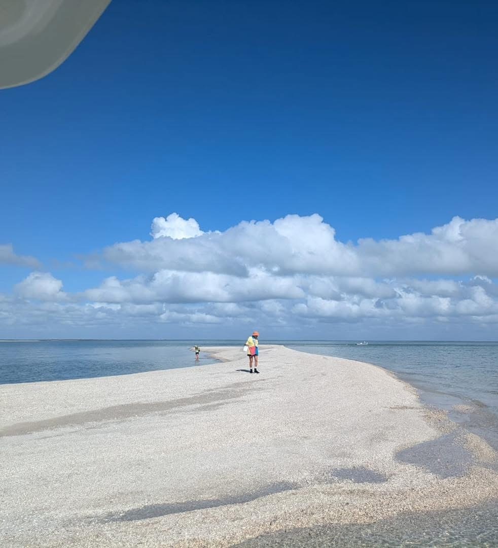 Two people walking on a sandy beach under a blue sky with clouds.