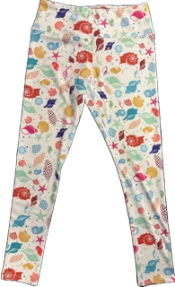 Colorful leggings with cartoon sea creatures and shells pattern on white background.