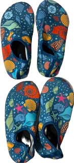 Blue water shoes with colorful sea-themed patterns, including shells and starfish.
