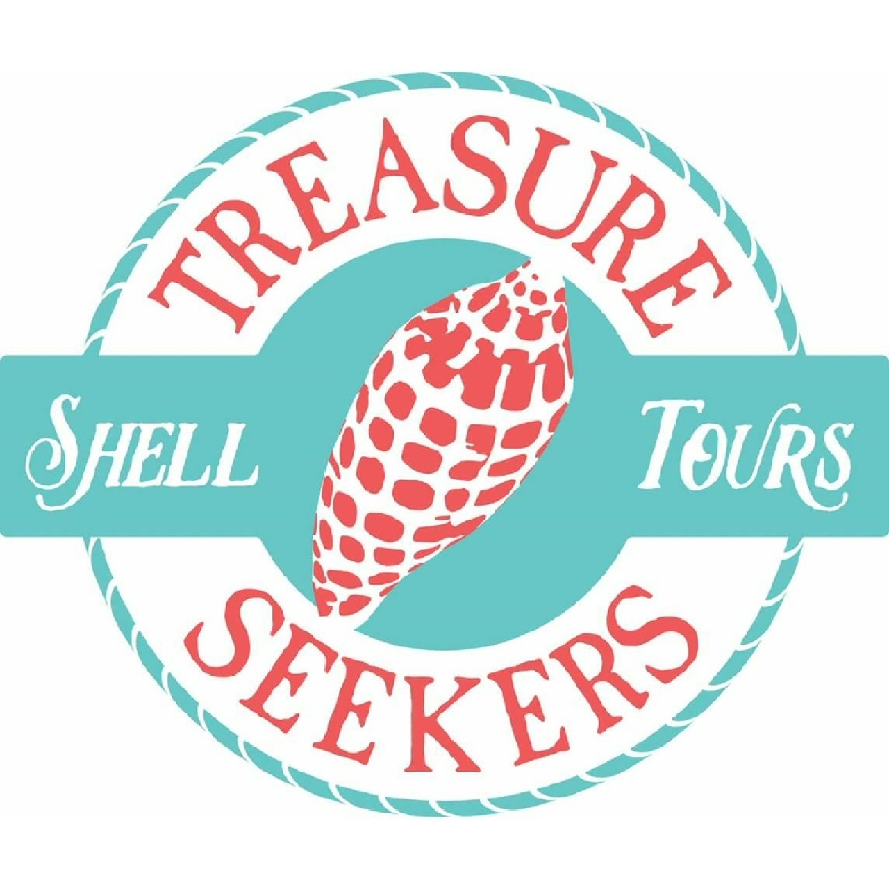 Logo with shell, words 'Treasure Seekers Shell Tours' in red and teal.