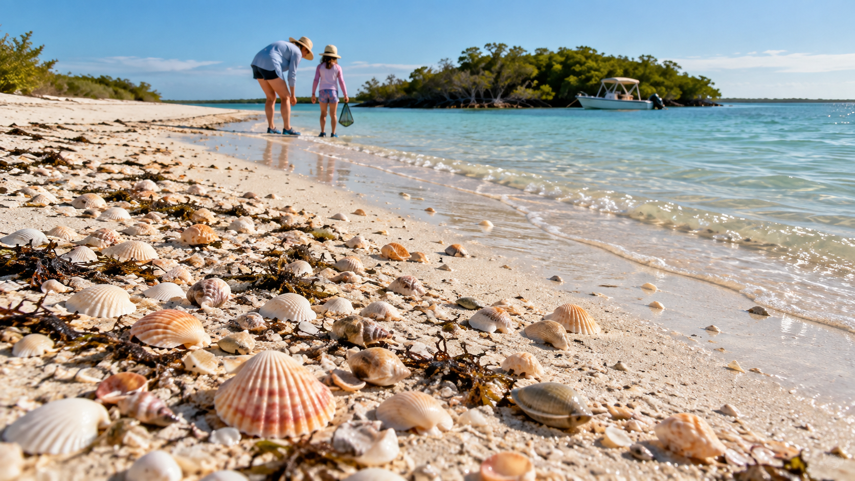 People collecting shells on a sandy beach with clear water and distant trees.