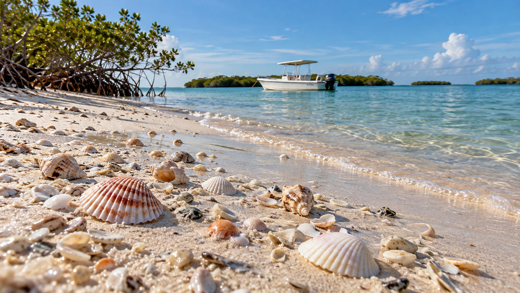 Seashells on sandy beach, boat in calm water, mangroves in background.