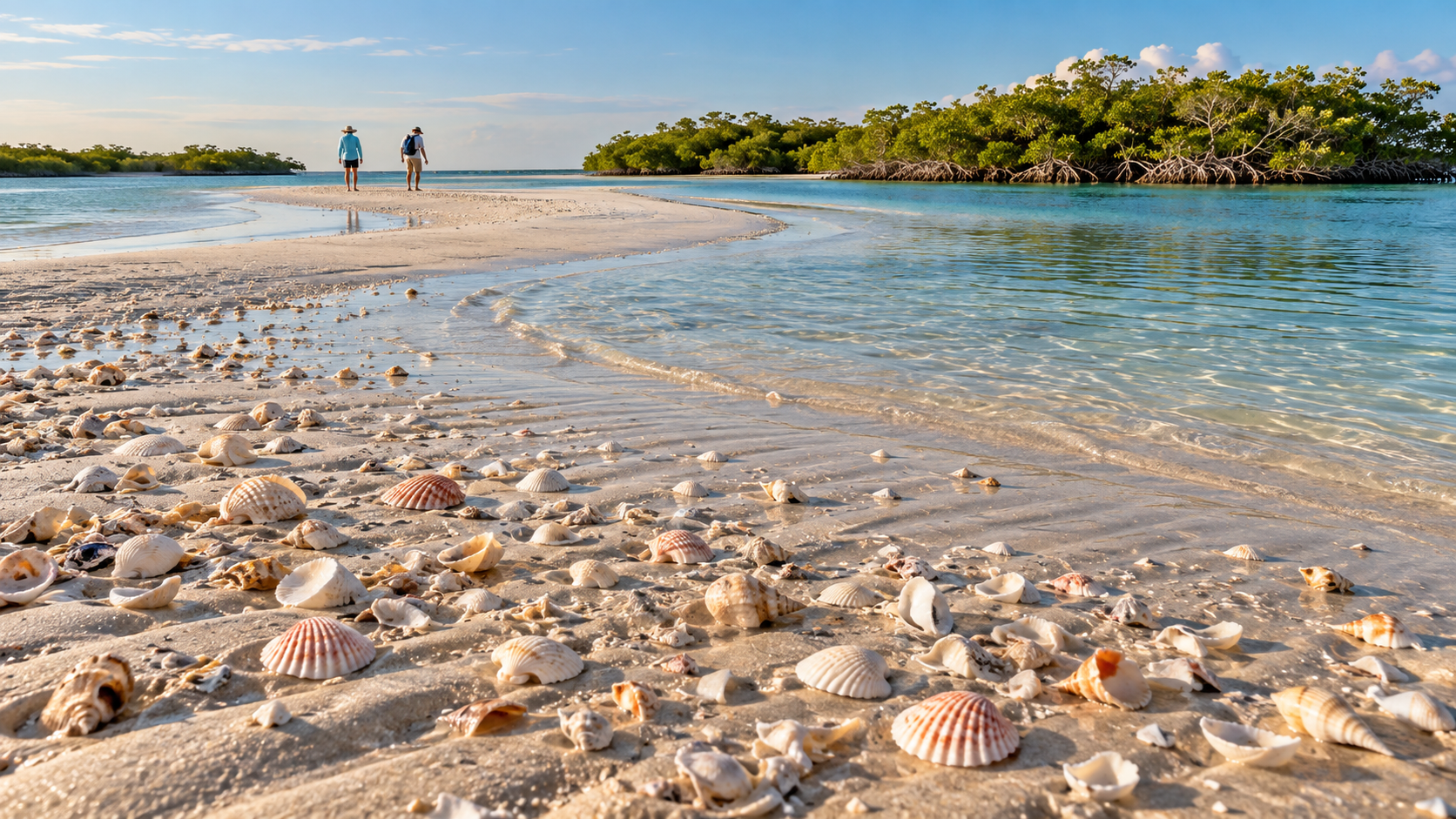 Two people walk on a shell-covered beach with clear water and trees in the background.
