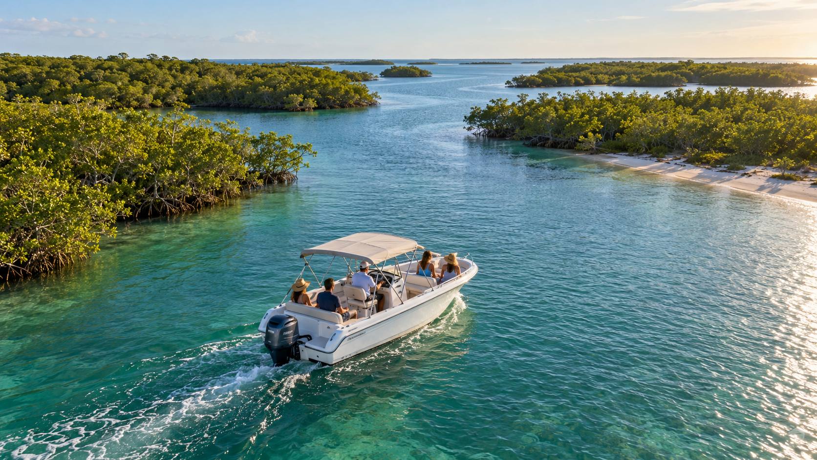 Private tour boat cruising through turquoise waterways between mangrove islands.